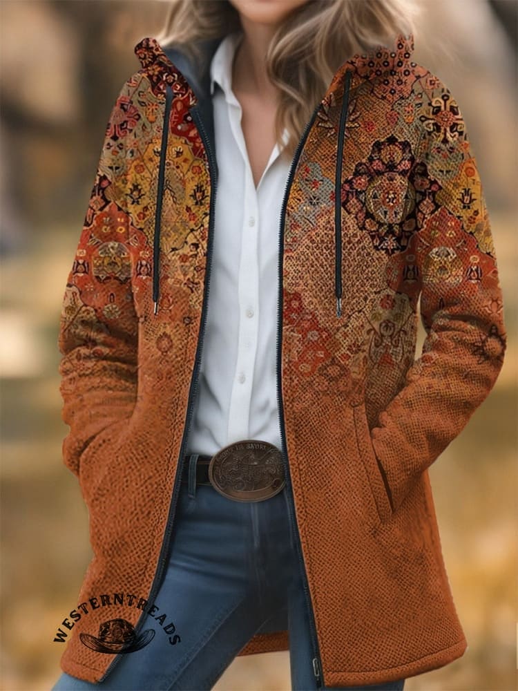 Aztec Print Unisex Plush Thick Long-Sleeved Cardigan Coat