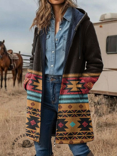Aztec Pattern Unisex Plush Thick Long-Sleeved Cardigan Coat