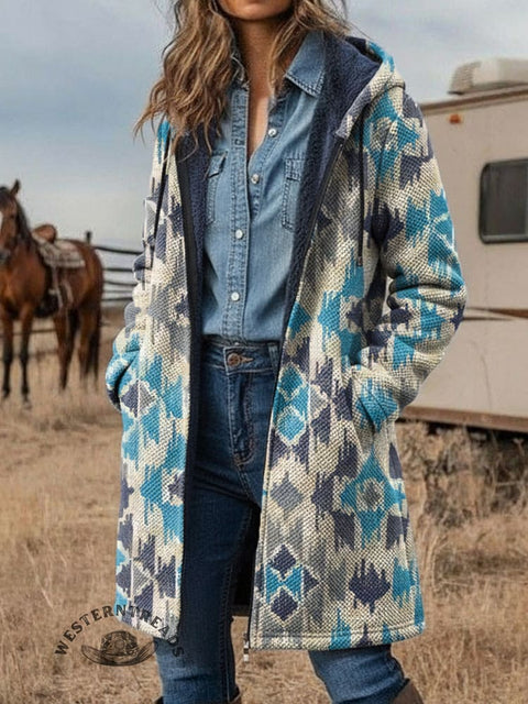 Aztec Pattern Unisex Plush Thick Long-Sleeved Cardigan Coat