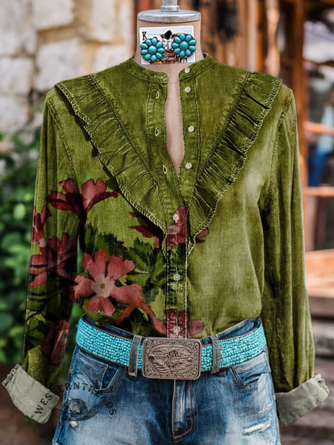 Women's Retro Floral Print Casual Cotton And Linen Shirt