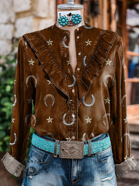 Women's Western Horseshoe Print Casual Cotton And Linen Shirt