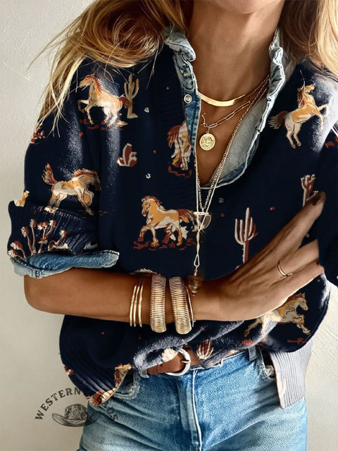 Women's Horse Art Pattern Casual V-neck Pullover Knit