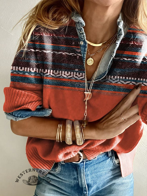 Women's Art Pattern Casual V-neck Pullover Knit