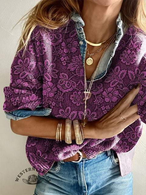 Women's Art Floral Pattern Casual V-neck Pullover Knit