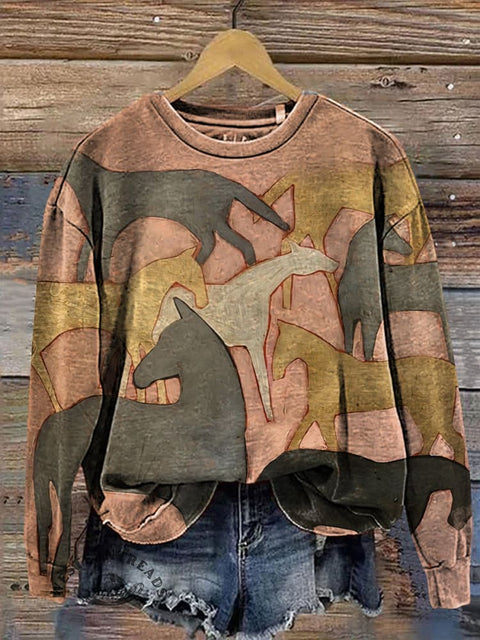 Retro Horse Art Casual Cotton Sweatshirt
