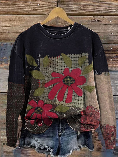 Retro Floral Art Casual Cotton Sweatshirt
