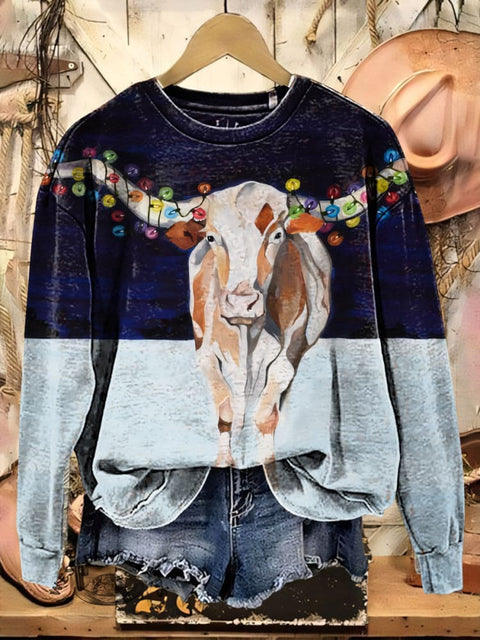Christmas Cow Art Casual Cotton Sweatshirt