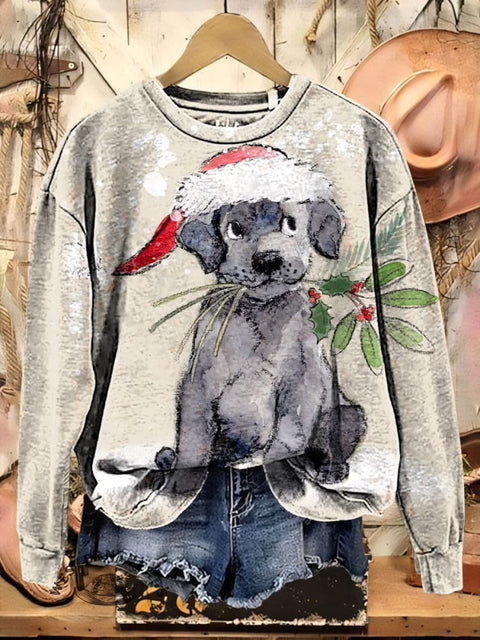 Retro Christmas Dog Art Casual Cotton Sweatshirt