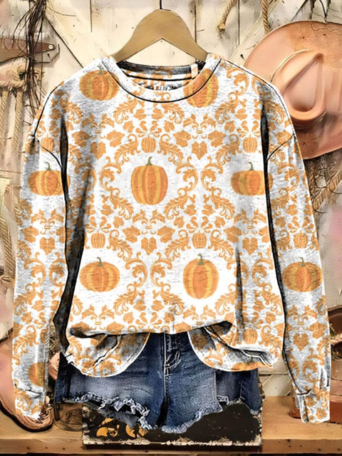 Pumpkin Floral Pattern Casual Cotton Sweatshirt