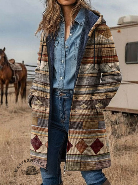 Retro Pattern Unisex Plush Thick Long-Sleeved Cardigan Coat