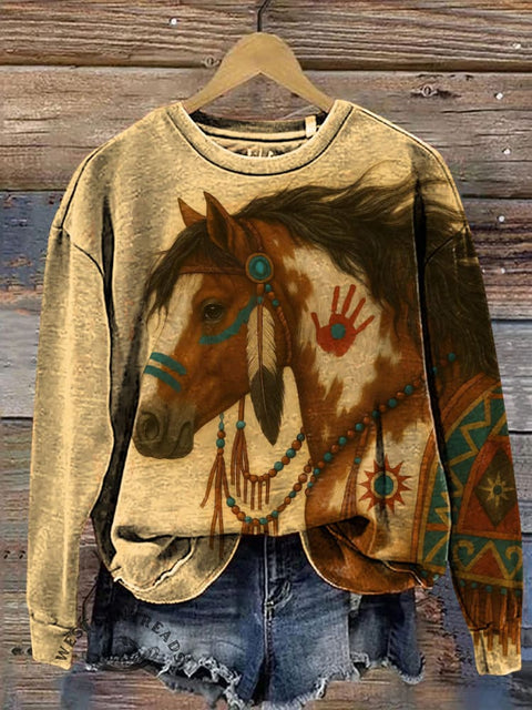 Ethnic Retro Horse Art Casual Cotton Sweatshirt