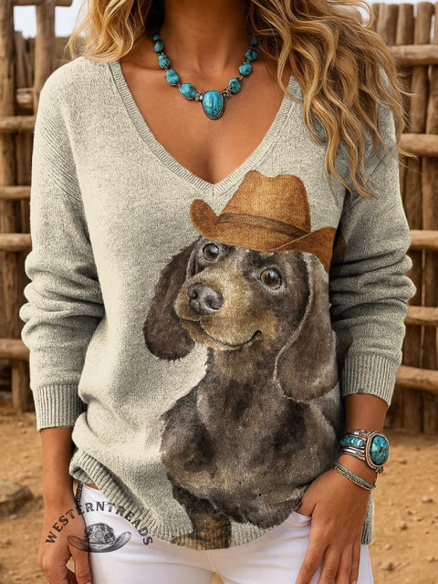 Women's Retro Cowboys Dog Casual Pullover Sweater
