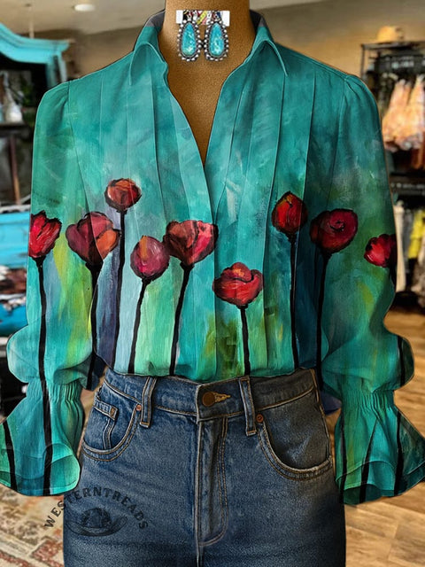 Women's Retro Floral Turquoise Print Casual  Cotton And Linen Shirt