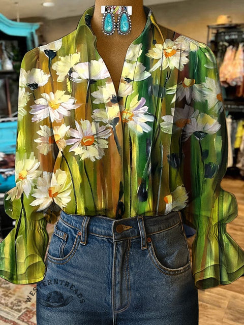 Women's Retro Floral Print Casual  Cotton And Linen Shirt