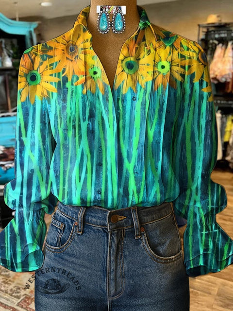 Women's Retro Floral Turquoise Print Casual  Cotton And Linen Shirt