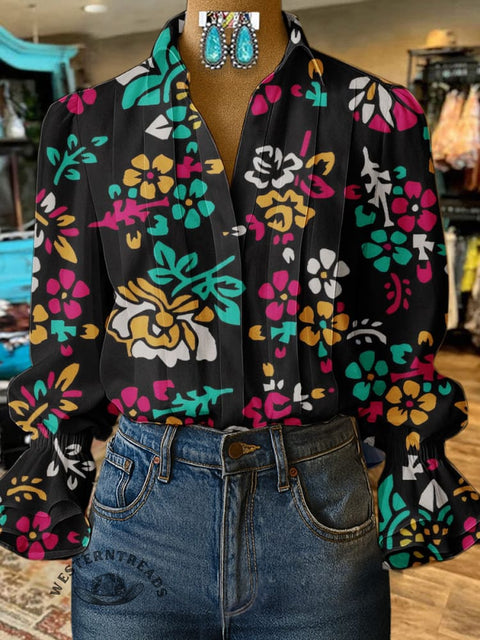 Women's Retro Floral Print Casual  Cotton And Linen Shirt