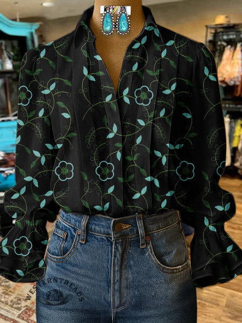 Women's Floral Print Casual  Cotton And Linen Shirt