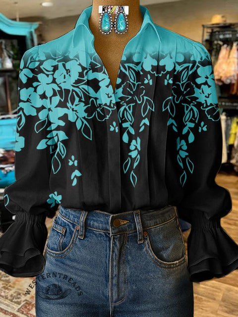 Women's Floral Turquoise Print Casual  Cotton And Linen Shirt