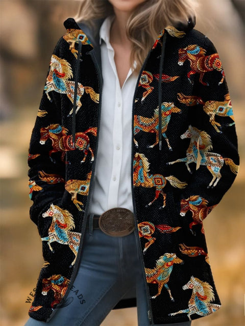 Retro Horse Unisex Plush Thick Long-Sleeved Cardigan Coat