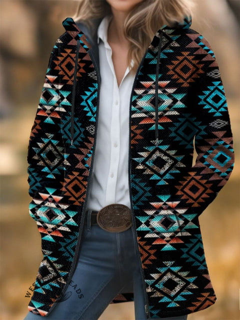 Retro Aztec Unisex Plush Thick Long-Sleeved Cardigan Coat