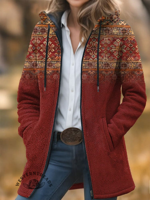 Retro Totem Pattern Unisex Plush Thick Long-Sleeved Cardigan Coat