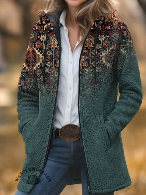 Retro Totem Art Unisex Plush Thick Long-Sleeved Cardigan Coat