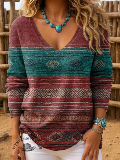Women's Retro Pattern Ranch Casual Pullover Sweater