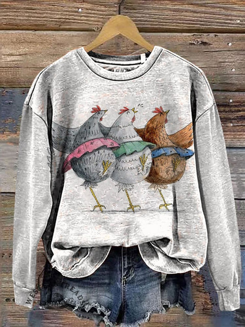 Retro Chicken Watercolor Casual Cotton Sweatshirt