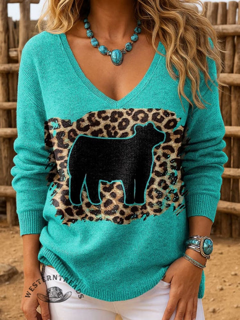 Women's Turquoise Cow Casual Pullover Sweater