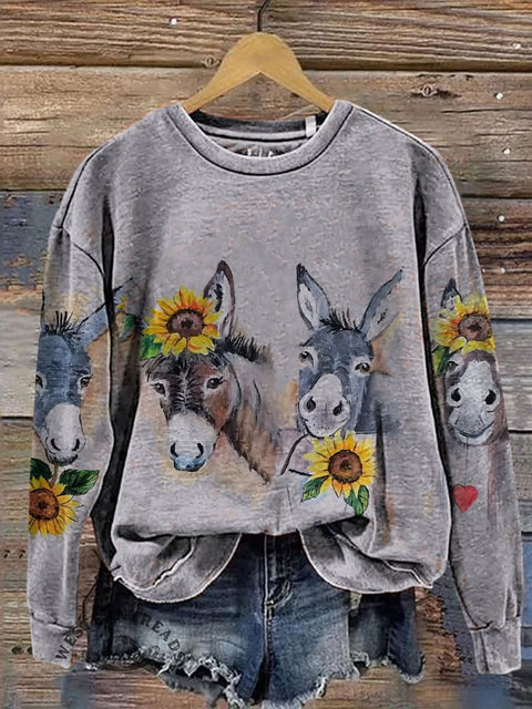 Donkey Sunflower Art Casual Cotton Sweatshirt
