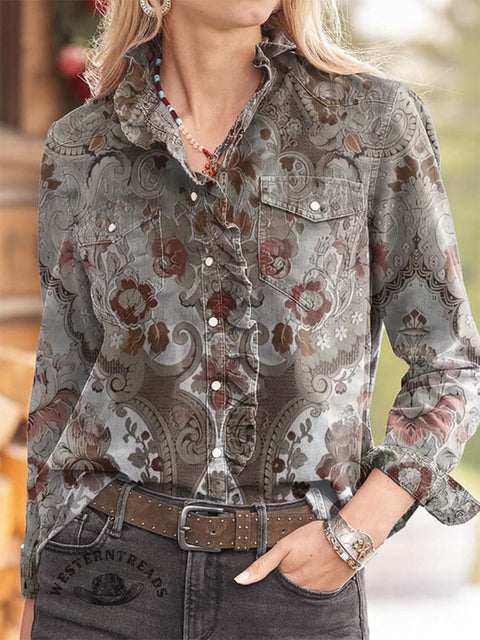 Women's Retro Art Pattern Print Casual Long Sleeve Comfortable Cotton Shirt