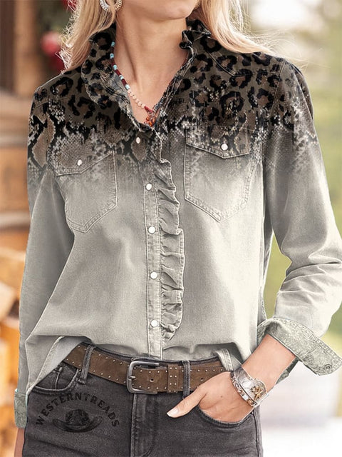Women's Retro Lepord Pattern Print Casual Long Sleeve Comfortable Cotton Shirt