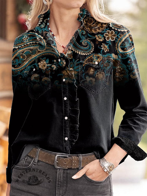 Women's Retro Floral Pattern Print Casual Long Sleeve Comfortable Cotton Shirt