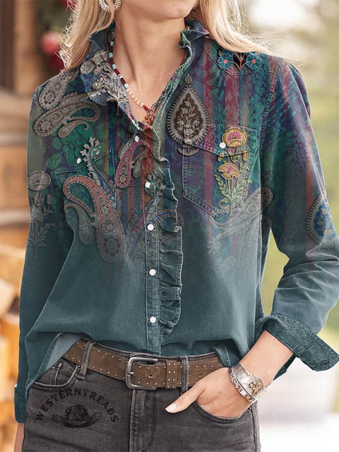 Women's Retro Floral Pattern Print Casual Long Sleeve Comfortable Cotton Shirt