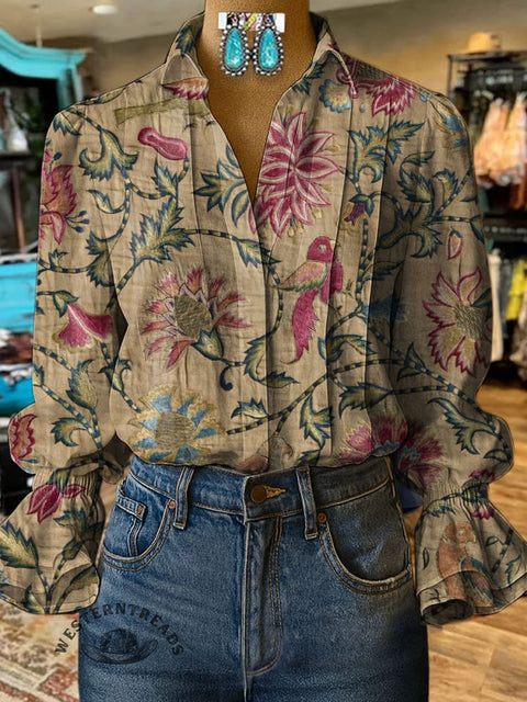 Women's Retro Floral Print Casual  Cotton And Linen Shirt
