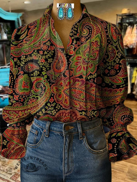 Women's Retro Floral Print Casual  Cotton And Linen Shirt