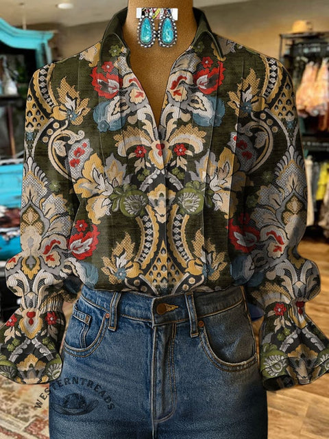 Women's Retro Floral Print Casual  Cotton And Linen Shirt