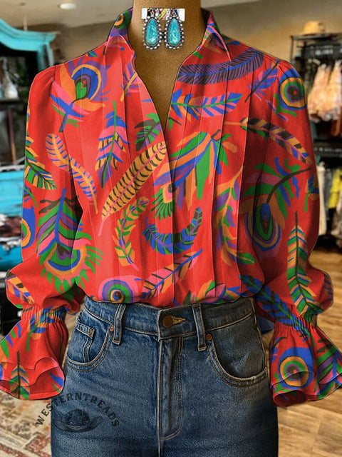 Women's Retro Feather Print Casual  Cotton And Linen Shirt