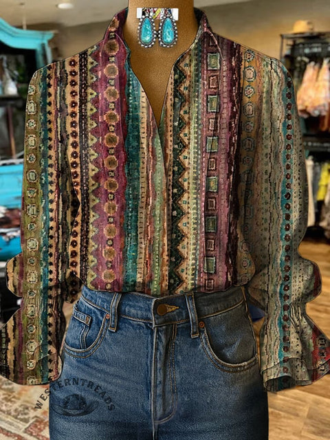 Women's Retro Pattern Print Casual  Cotton And Linen Shirt