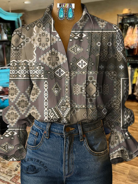 Women's Retro Pattern Print Casual  Cotton And Linen Shirt