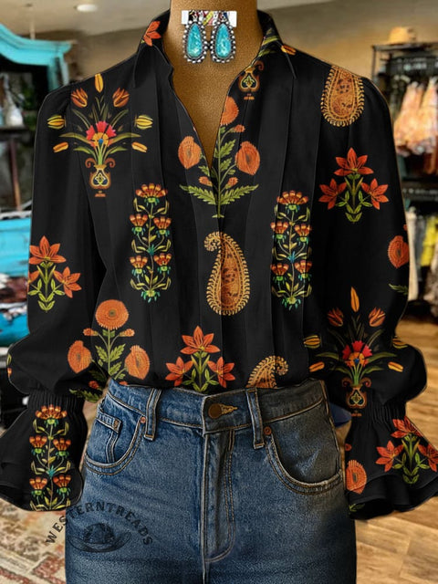 Women's Boho Floral Pattern Print Casual  Cotton And Linen Shirt