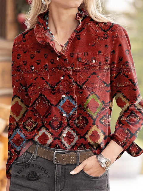 Women's Retro Pattern Print Casual Long Sleeve Comfortable Cotton Shirt