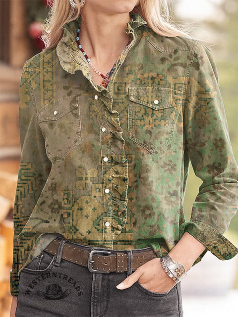 Women's Retro Floral Pattern Print Casual Long Sleeve Comfortable Cotton Shirt