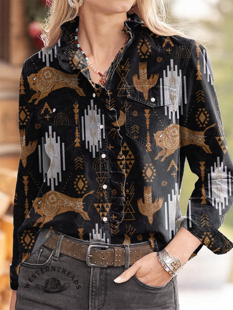 Women's Retro Western Pattern Print Casual Long Sleeve Comfortable Cotton Shirt