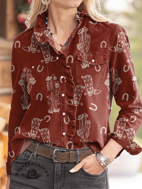 Women's Western Pattern Print Casual Long Sleeve Comfortable Cotton Shirt
