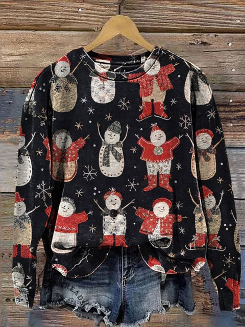 Retro Snowman Print Casual Cotton Sweatshirt