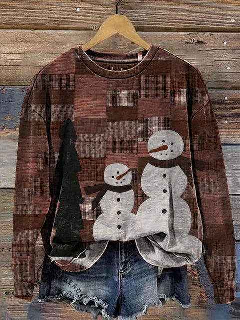 Retro Snowman Print Casual Cotton Sweatshirt
