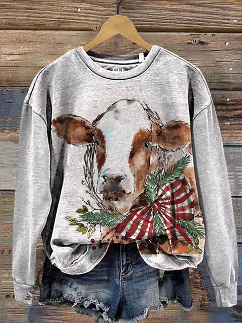 Retro Christmas Cow Art Print Casual Cotton Sweatshirt