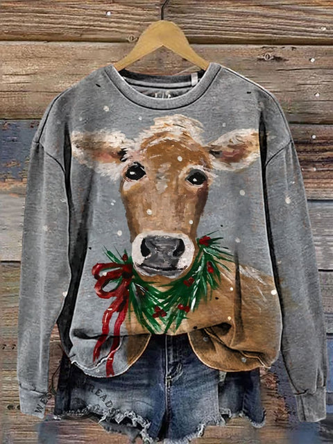 Retro Christmas Cow Art Print Casual Cotton Sweatshirt