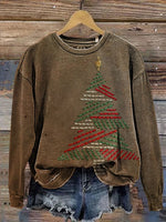 Retro Christmas Tree Print Casual Cotton Sweatshirt
